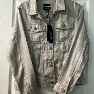 NWT WOMENS JONES & Co BUTTON DOWN METALIC BEIGE 100% LINEN DENIM STYLE JACKET S